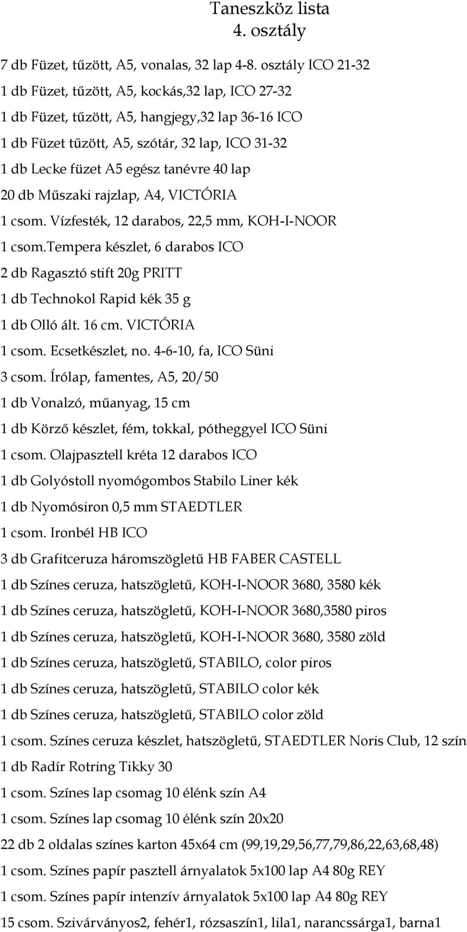 40 lap 20 db Műszaki rajzlap, A4, VICTÓRIA 1 csom. Vízfesték, 12 darabos, 22,5 mm, KOH-I-NOOR 1 csom.