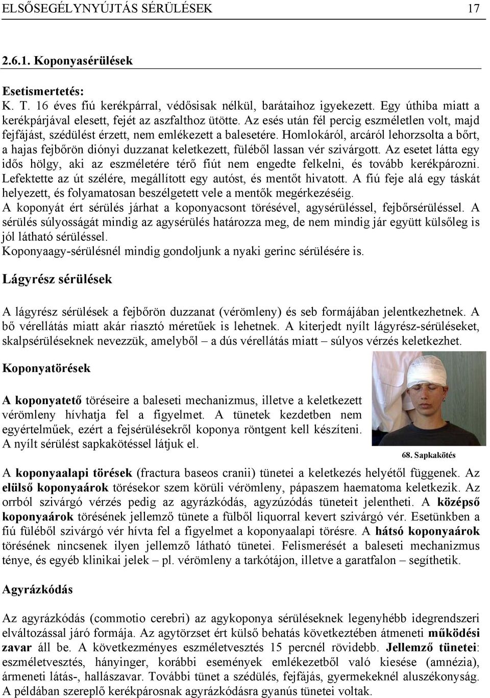 Homlokáról, arcáról lehorzsolta a bőrt, a hajas fejbőrön diónyi duzzanat keletkezett, füléből lassan vér szivárgott.