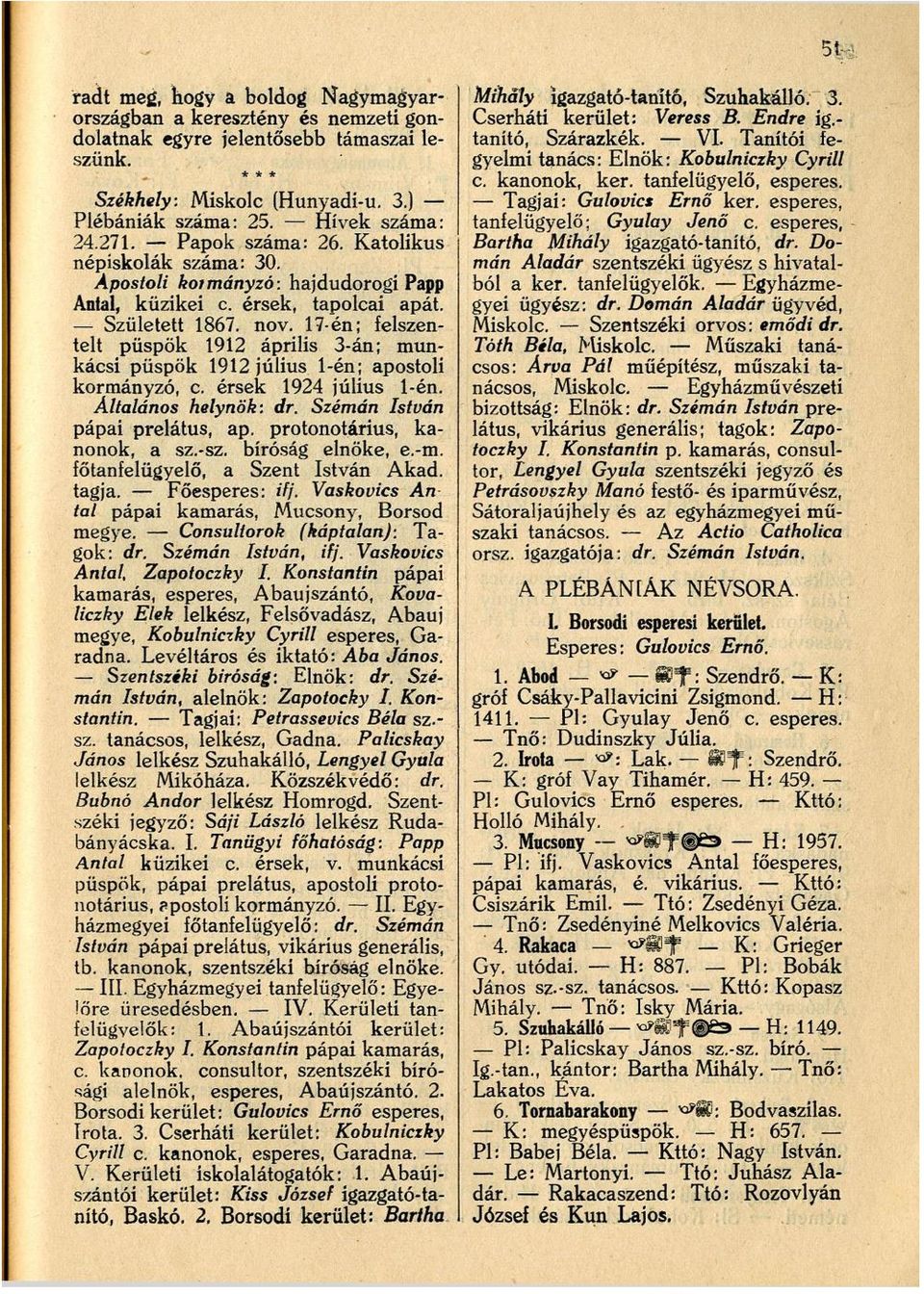 17-én; felszentelt püspök 1912 április 3-án; munkácsi püspök 1912 július 1-én; apostoli kormányzó, c. érsek 1924 július 1-én. Általános helynök: dr. Szémán István pápai prelátus, ap.