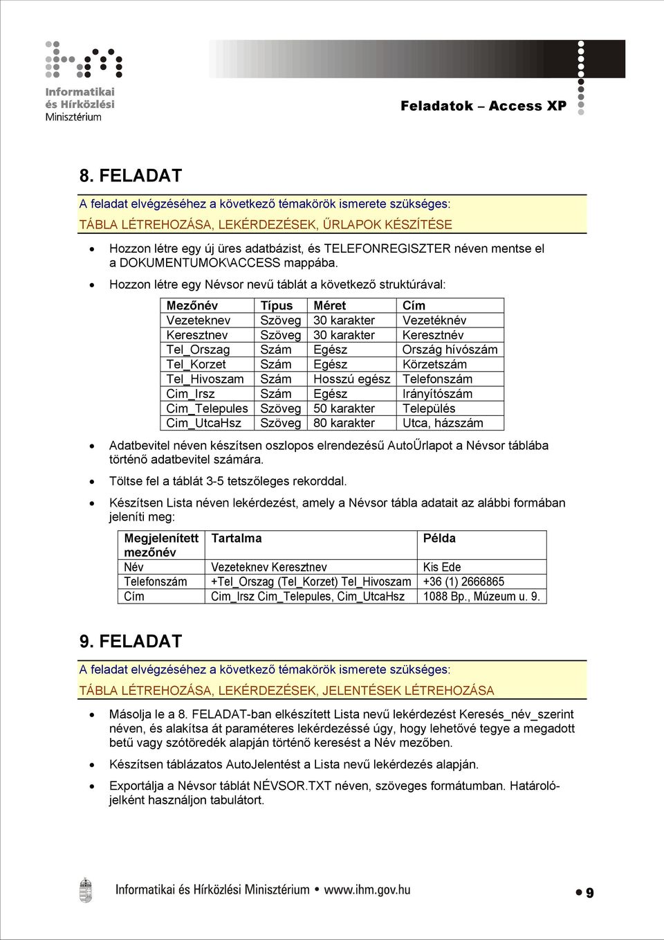 hívószám Tel_Korzet Szám Egész Körzetszám Tel_Hivoszam Szám Hosszú egész Telefonszám Cim_Irsz Szám Egész Irányítószám Cim_Telepules Szöveg 50 karakter Település Cim_UtcaHsz Szöveg 80 karakter Utca,