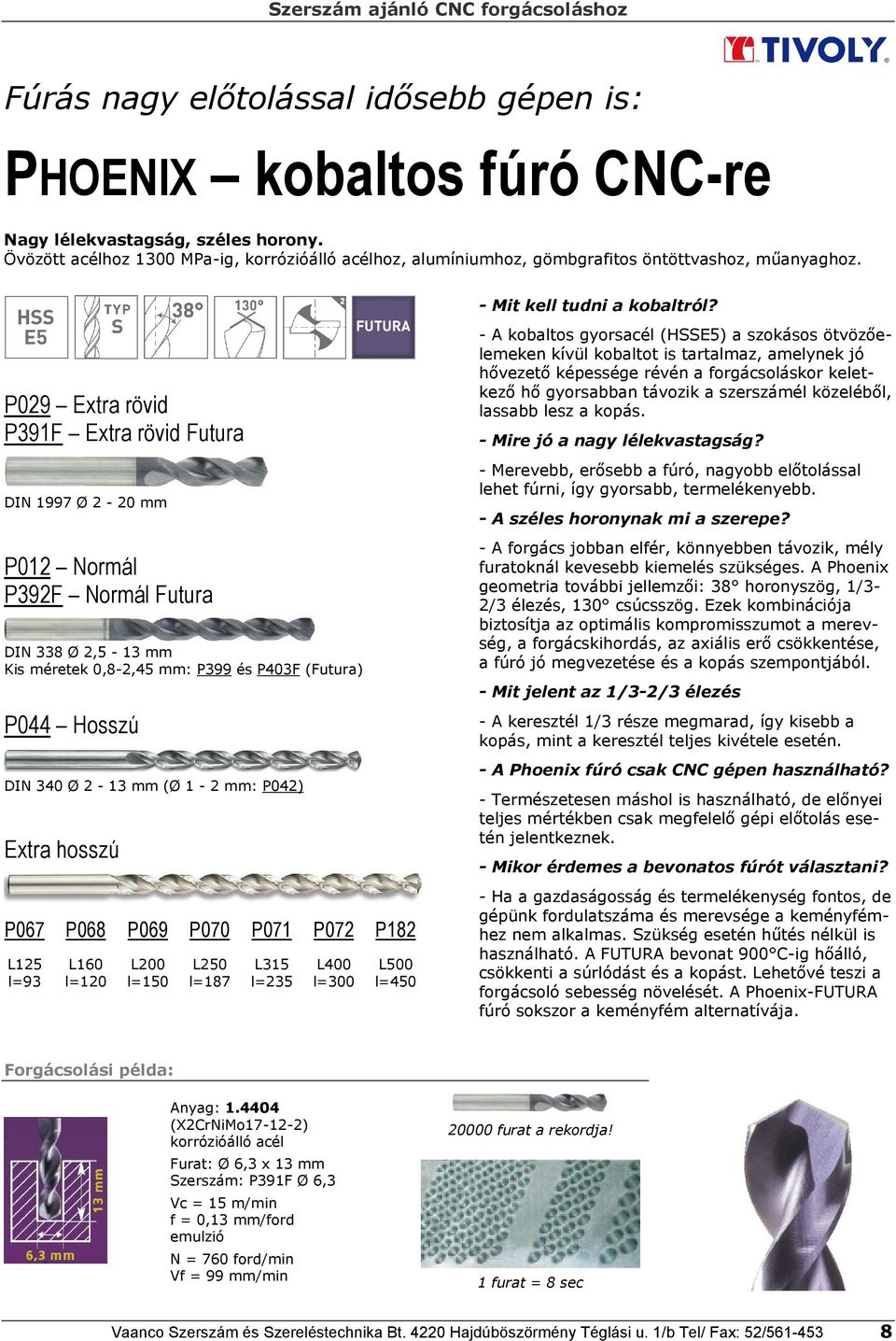 P29 Extra rövid P391F Extra rövid Futura DIN 1997 Ø 2-2 mm P12 Normál P392F Normál Futura DIN 338 Ø 2,5-13 mm Kis méretek,8-2,45 mm: P399 és P43F (Futura) P44 Hosszú DIN 34 Ø 2-13 mm (Ø 1-2 mm: P42)