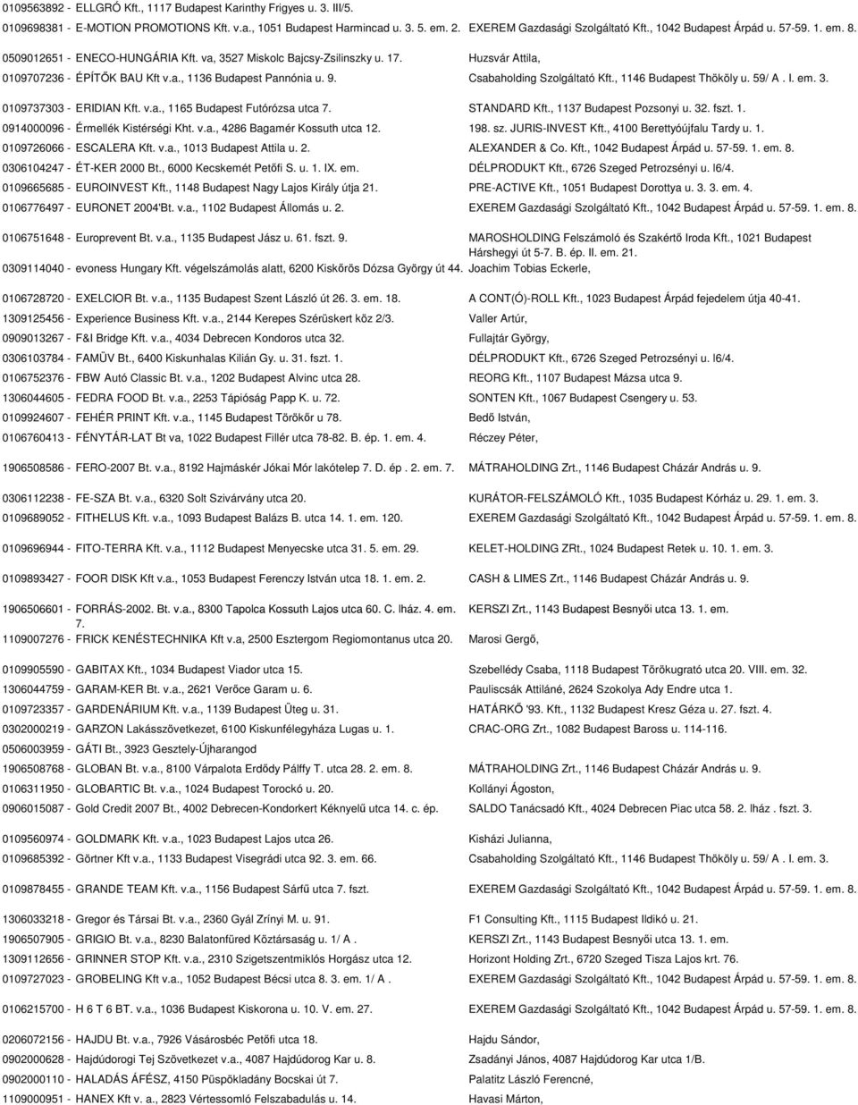 Csabaholding Szolgáltató Kft., 1146 Budapest Thököly u. 59/ A. I. em. 3. 0109737303 - ERIDIAN Kft. v.a., 1165 Budapest Futórózsa utca 7. STANDARD Kft., 1137 Budapest Pozsonyi u. 32. fszt. 1. 0914000096 - Érmellék Kistérségi Kht.