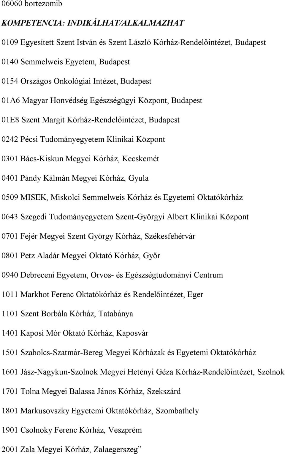 0401 Pándy Kálmán Megyei Kórház, Gyula 0509 MISEK, Miskolci Semmelweis Kórház és Egyetemi Oktatókórház 0643 Szegedi Tudományegyetem Szent-Györgyi Albert Klinikai Központ 0701 Fejér Megyei Szent