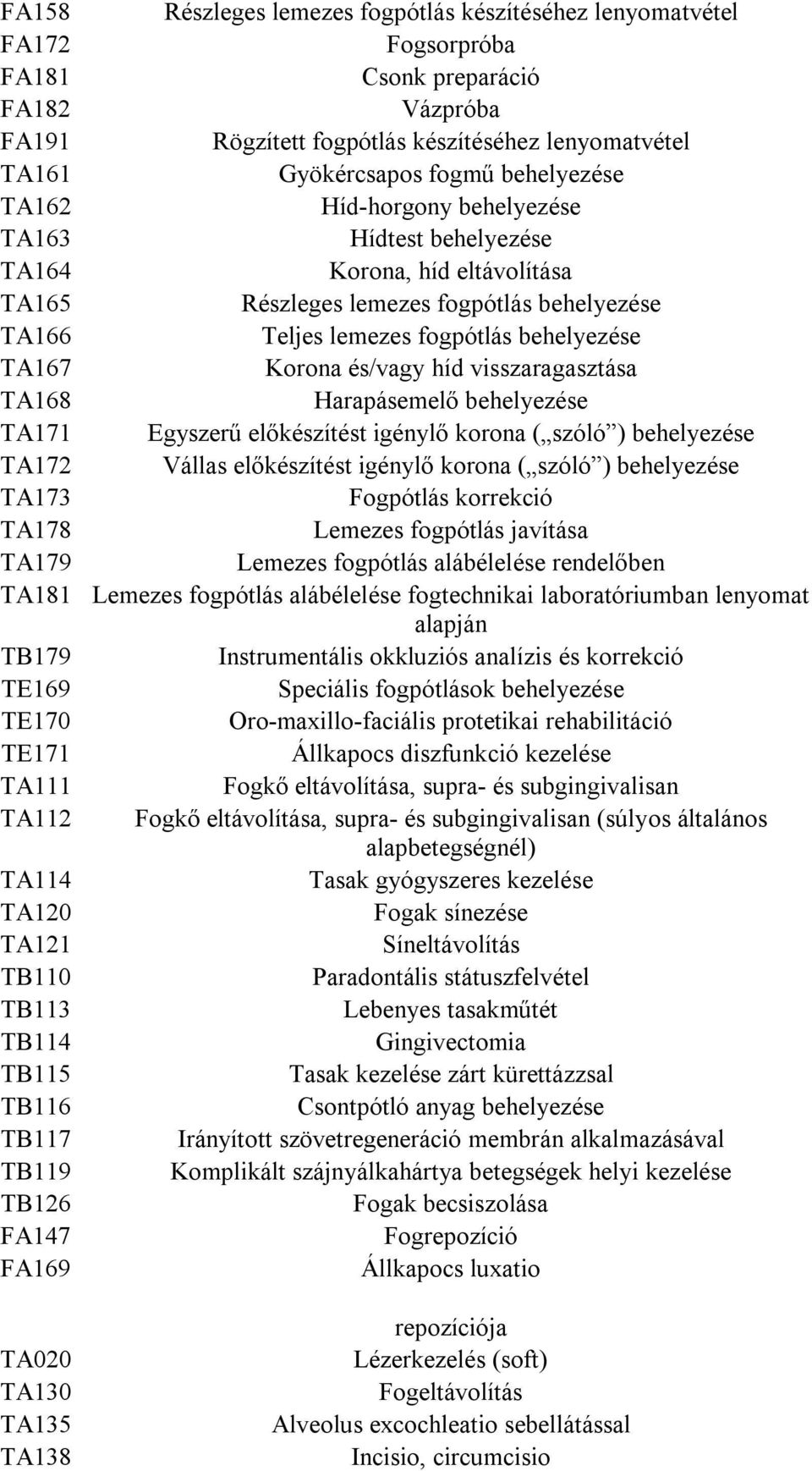 Korona és/vagy híd visszaragasztása TA168 Harapásemelő behelyezése TA171 Egyszerű előkészítést igénylő korona ( szóló ) behelyezése TA172 Vállas előkészítést igénylő korona ( szóló ) behelyezése