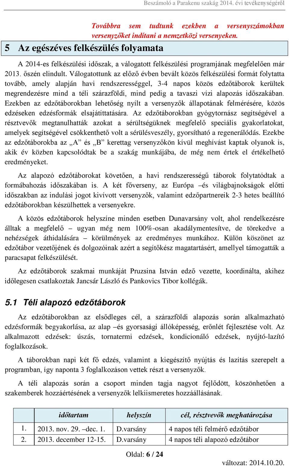 Válogatottunk az előző évben bevált közös felkészülési formát folytatta tovább, amely alapján havi rendszerességgel, 3-4 napos közös edzőtáborok kerültek megrendezésre mind a téli szárazföldi, mind