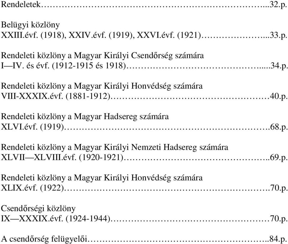 évf. (1919).68.p. Rendeleti közlöny a Magyar Királyi Nemzeti Hadsereg számára XLVII XLVIII.évf. (1920-1921)..69.p. Rendeleti közlöny a Magyar Királyi Honvédség számára XLIX.