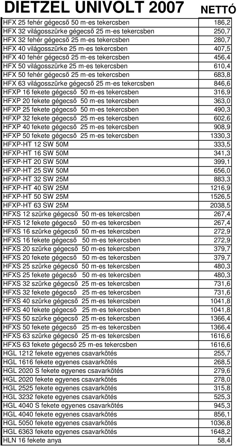 gégecső 50 m-es tekercsben 316,9 HFXP 20 fekete gégecső 50 m-es tekercsben 363,0 HFXP 25 fekete gégecső 50 m-es tekercsben 490,3 HFXP 32 fekete gégecső 25 m-es tekercsben 602,6 HFXP 40 fekete gégecső