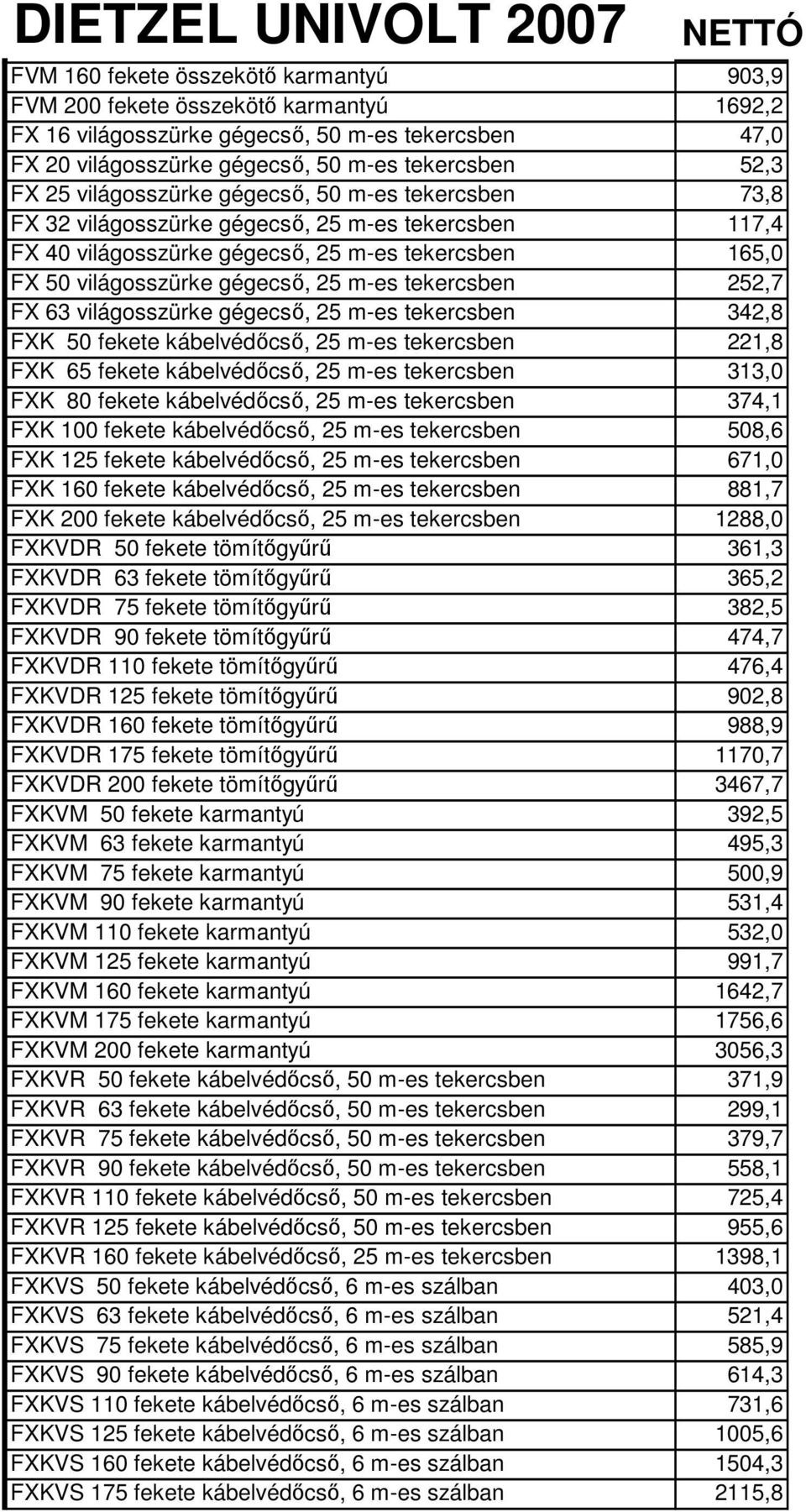 tekercsben 252,7 FX 63 világosszürke gégecső, 25 m-es tekercsben 342,8 FXK 50 fekete kábelvédőcső, 25 m-es tekercsben 221,8 FXK 65 fekete kábelvédőcső, 25 m-es tekercsben 313,0 FXK 80 fekete