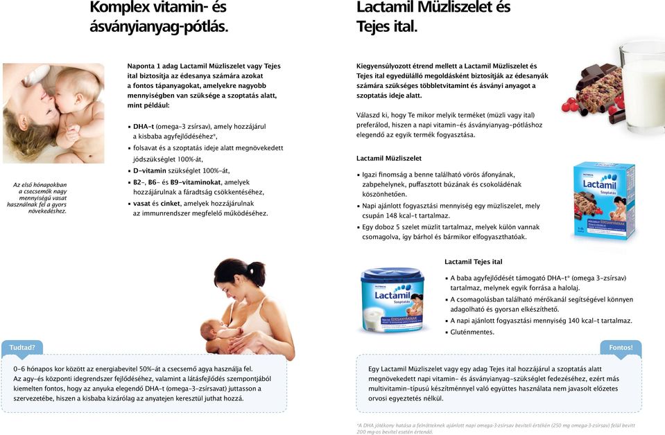 (omega-3 zsírsav), amely hozzájárul a kisbaba agyfejlődéséhez*, folsavat és a szoptatás ideje alatt megnövekedett jódszükséglet 100%-át, D-vitamin szükséglet 100%-át, B2-, B6- és B9-vitaminokat,