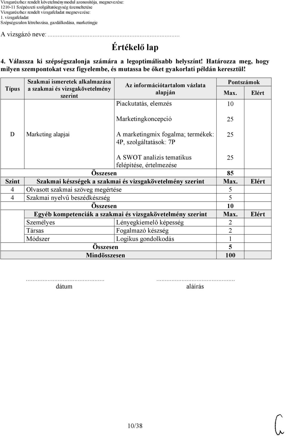 Típus Szakmai ismeretek alkalmazása a szakmai és vizsgakövetelmény szerint Az információtartalom vázlata alapján Piackutatás, elemzés Pontszámok Max.