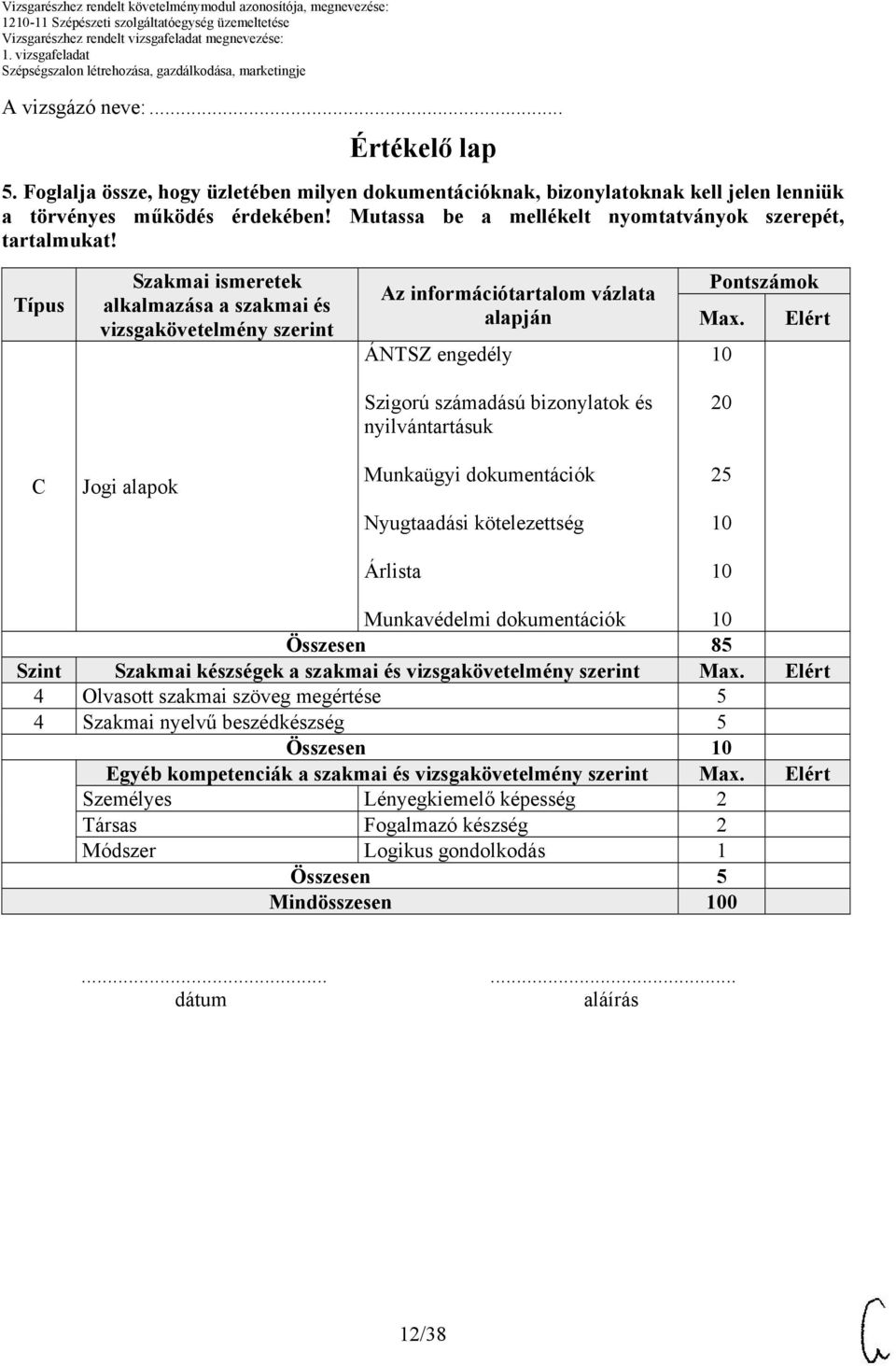 Típus Szakmai ismeretek alkalmazása a szakmai és vizsgakövetelmény szerint Az információtartalom vázlata alapján ÁNTSZ engedély Pontszámok Max.