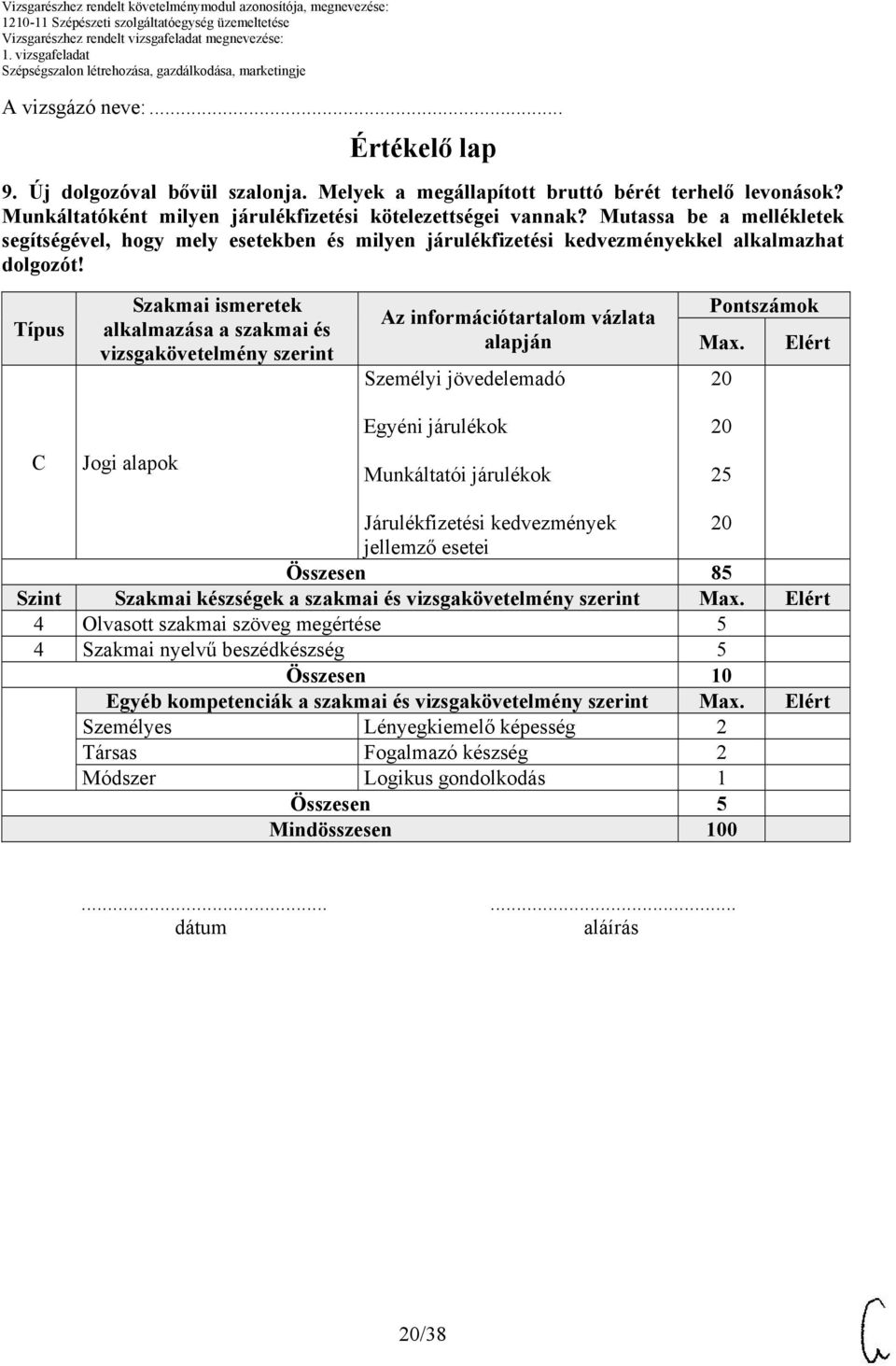 Típus Szakmai ismeretek alkalmazása a szakmai és vizsgakövetelmény szerint Az információtartalom vázlata alapján Személyi jövedelemadó Pontszámok Max.