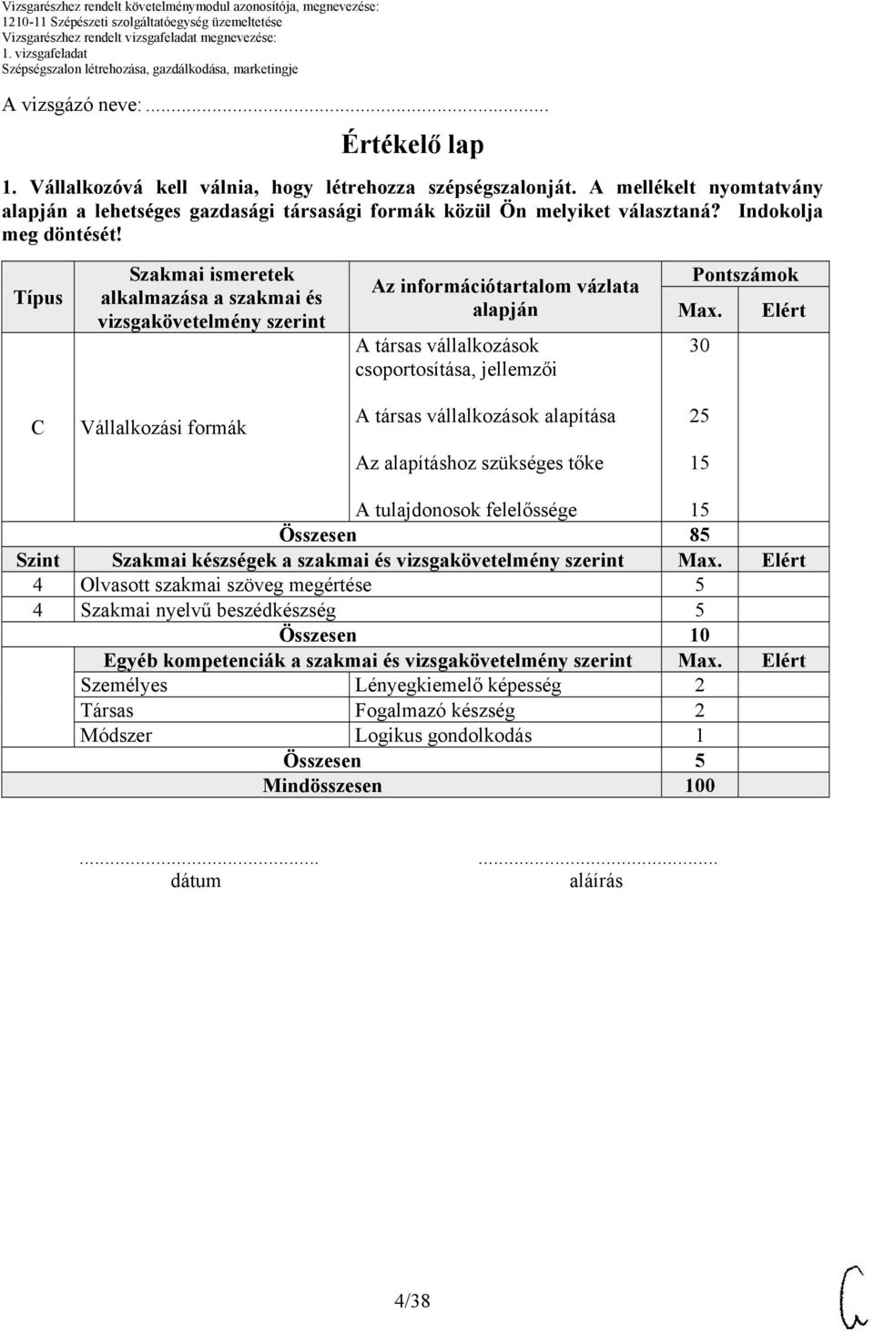 Típus Szakmai ismeretek alkalmazása a szakmai és vizsgakövetelmény szerint Az információtartalom vázlata alapján A társas vállalkozások csoportosítása, jellemzői Pontszámok Max.