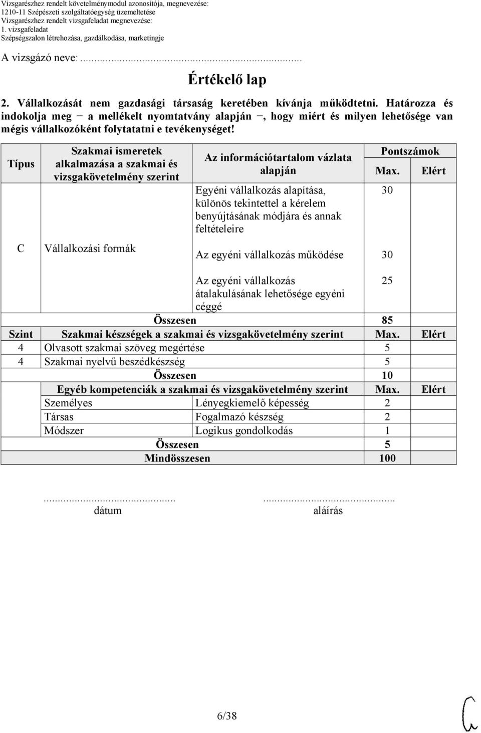 Típus Szakmai ismeretek alkalmazása a szakmai és vizsgakövetelmény szerint Az információtartalom vázlata alapján Egyéni vállalkozás alapítása, különös tekintettel a kérelem benyújtásának módjára és