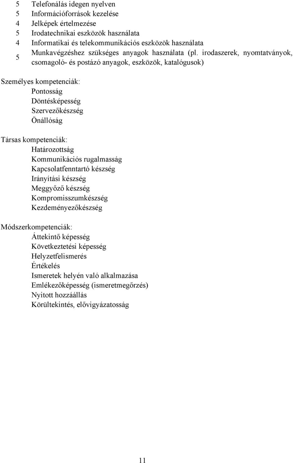 irodaszerek, nyomtatványok, 5 csomagoló- és postázó anyagok, eszközök, katalógusok) Személyes kompetenciák: Pontosság Döntésképesség Szervezőkészség Önállóság Társas kompetenciák: