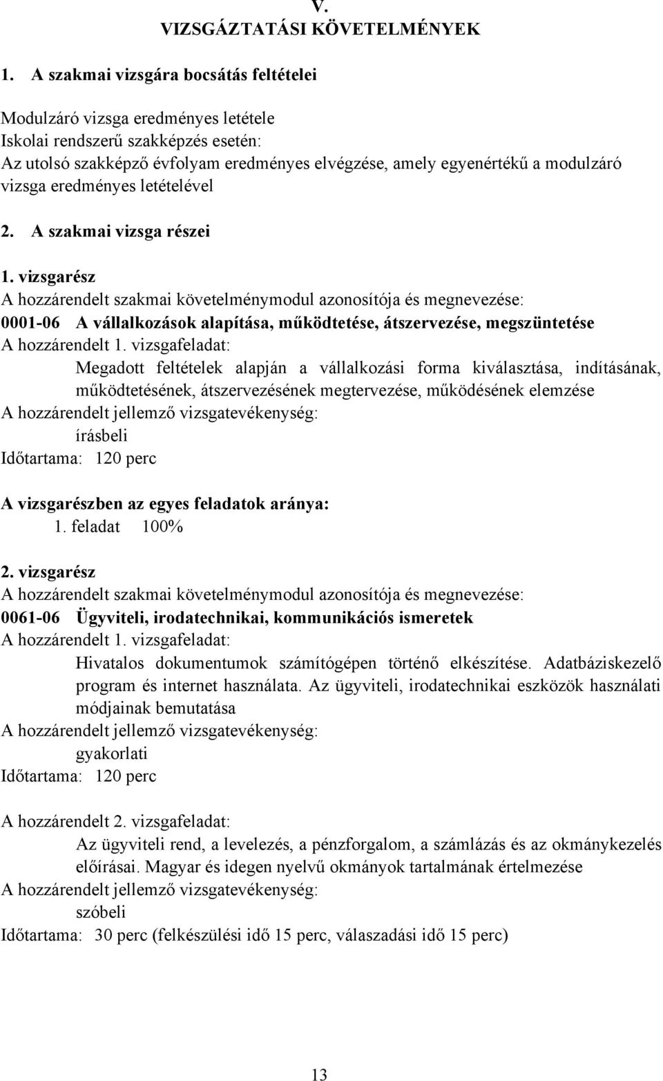 vizsga eredményes letételével 2. A szakmai vizsga részei 1.