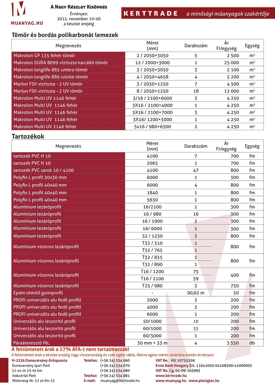 longlife 889 szürke tömör 4 / 2050 4658 4 5 200 m 2 Marlon FSX víztiszta - 2 UV tömör 3 / 2050 1250 7 4 500 m 2 Marlon FSX víztiszta - 2 UV tömör 8 / 2050 1250 18 12 000 m 2 Makrolon Multi UV 1146