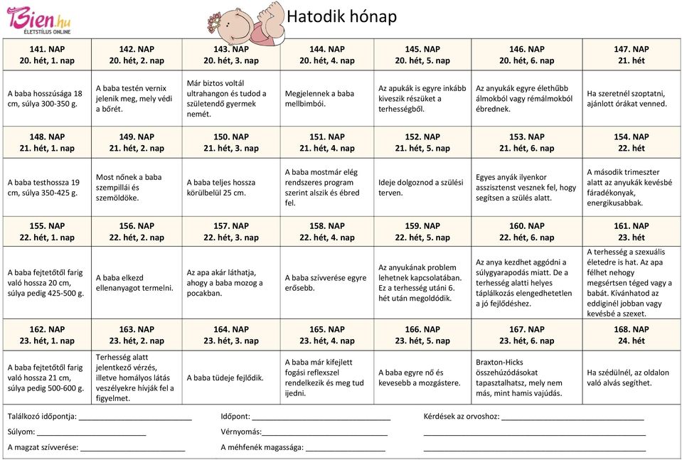 Az apukák is egyre inkább kiveszik részüket a terhességből. Az anyukák egyre élethűbb álmokból vagy rémálmokból ébrednek. Ha szeretnél szoptatni, ajánlott órákat venned. 148. NAP 21. hét, 1. nap 149.