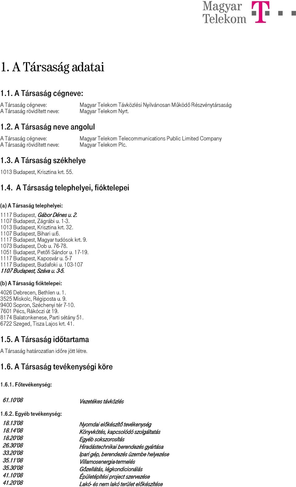 1013 Budapest, Krisztina krt. 32. 1107 Budapest, Bihari u.6. 1117 Budapest, Magyar tudósok krt. 9. 1073 Budapest, Dob u. 76-78. 1051 Budapest, Petőfi Sándor u. 17-19. 1117 Budapest, Kaposvár u.