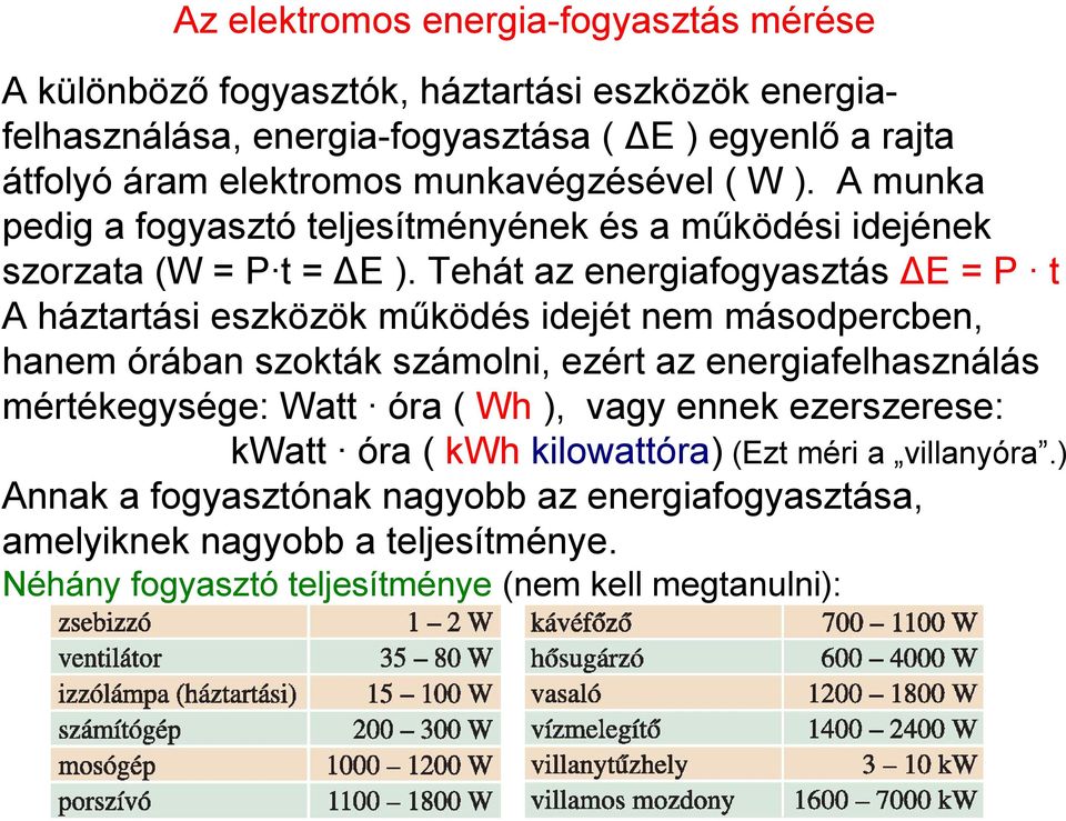 Tehát az energiafogyasztás ΔE = P t A háztartási eszközök működés idejét nem másodpercben, hanem órában szokták számolni, ezért az energiafelhasználás mértékegysége: Watt