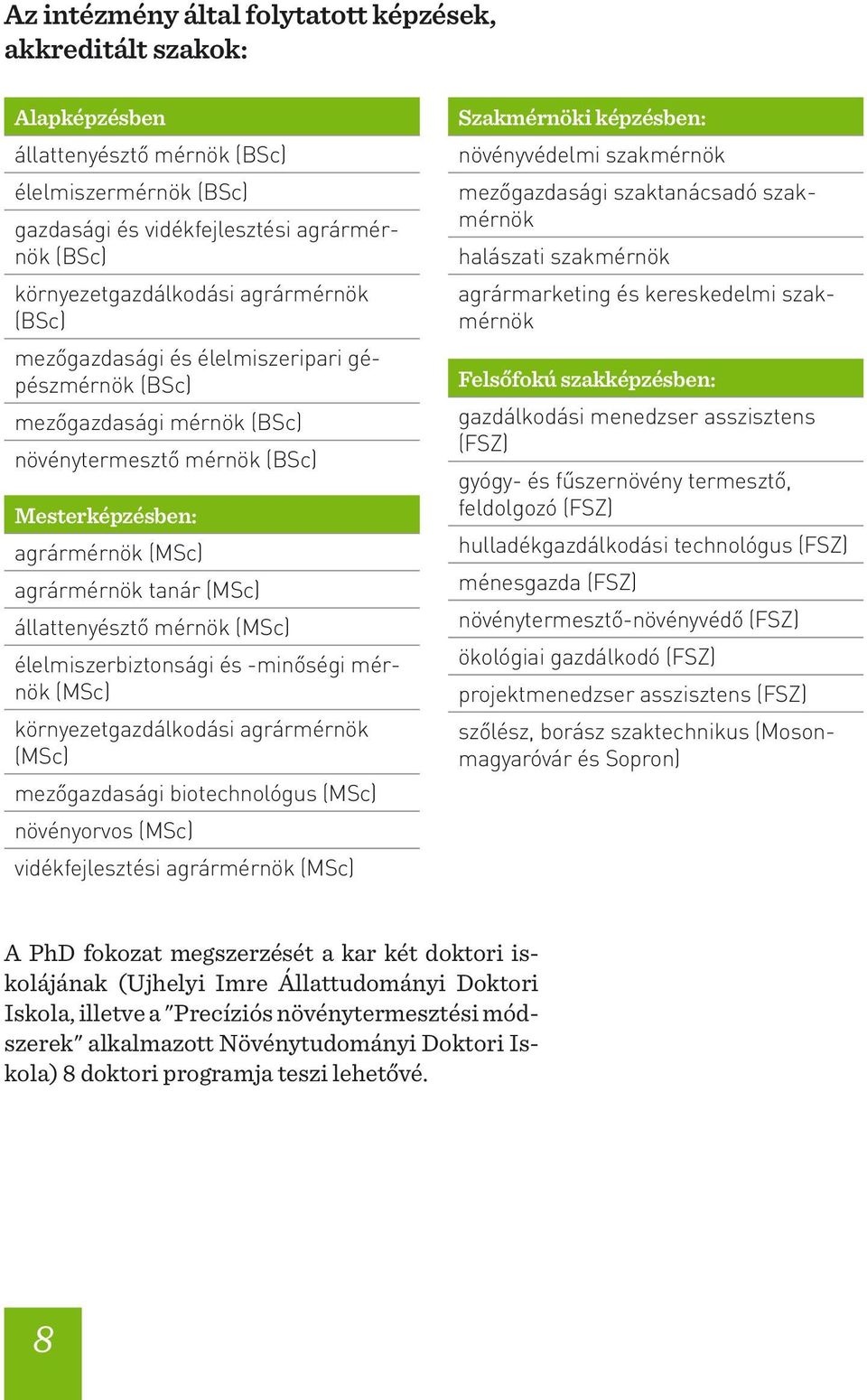 mérnök (MSc) élelmiszerbiztonsági és -minőségi mérnök (MSc) környezetgazdálkodási agrármérnök (MSc) mezőgazdasági biotechnológus (MSc) növényorvos (MSc) vidékfejlesztési agrármérnök (MSc) Szakmérnöki