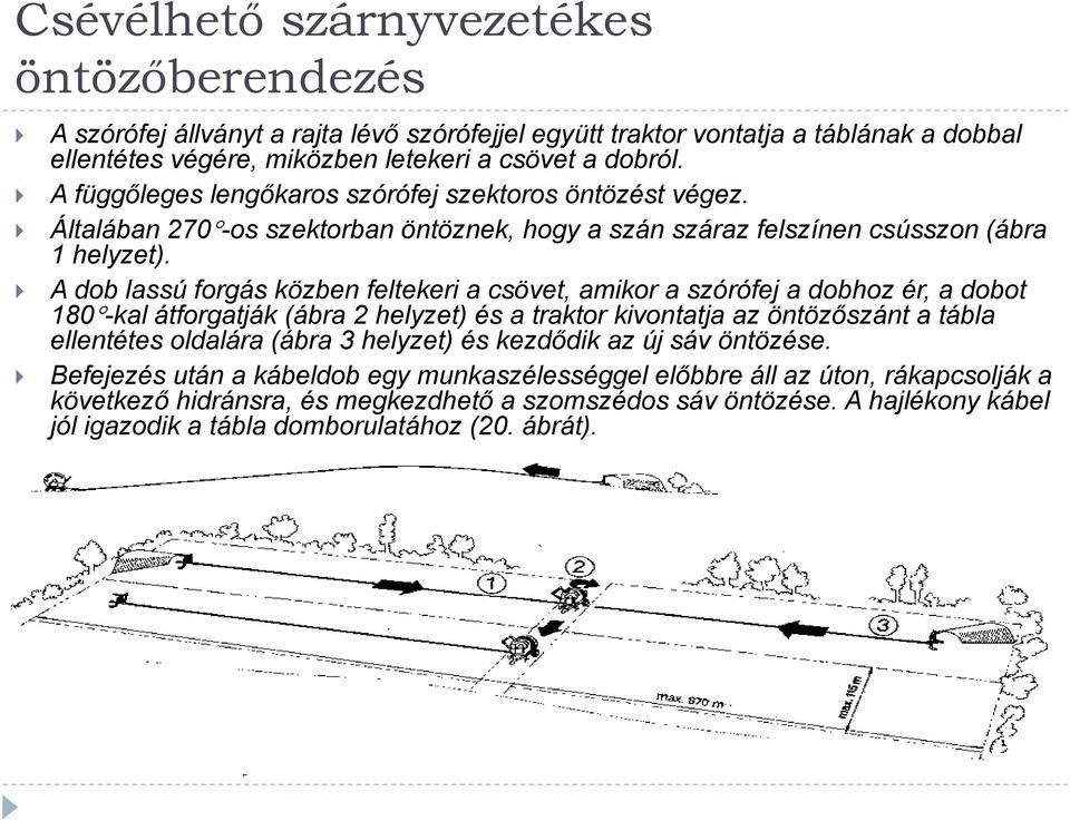 A dob lassú forgás közben feltekeri a csövet, amikor a szórófej a dobhoz ér, a dobot 180-kal átforgatják (ábra 2 helyzet) és a traktor kivontatja az öntözőszánt a tábla ellentétes oldalára (ábra 3