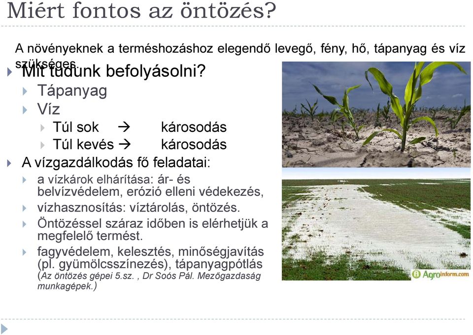 Tápanyag Víz Túl sok károsodás Túl kevés károsodás A vízgazdálkodás fő feladatai: a vízkárok elhárítása: ár- és belvízvédelem,