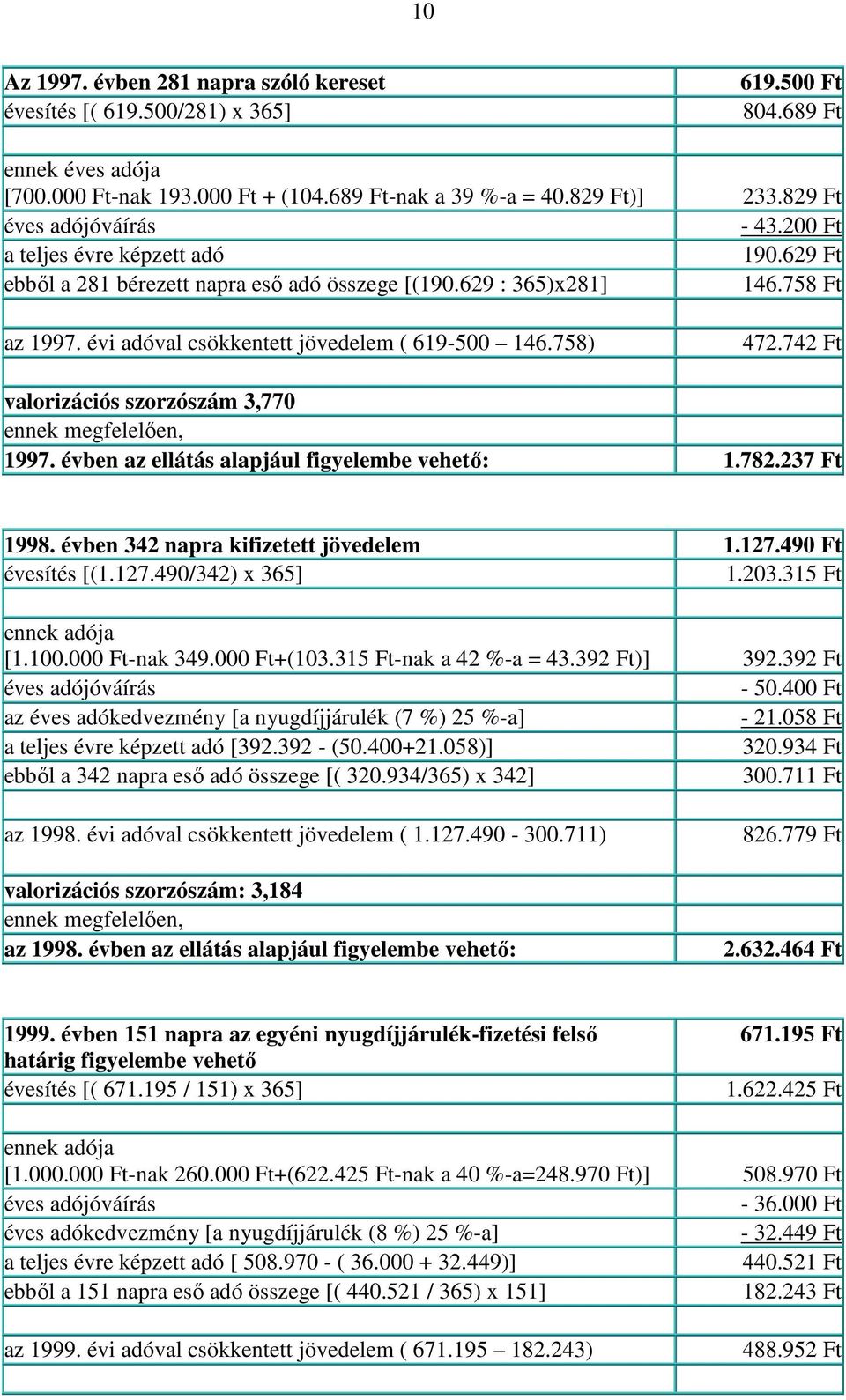 742 Ft valorizációs szorzószám 3,770 1997. évben az ellátás alapjául figyelembe vehető: 1.782.237 Ft 1998. évben 342 napra kifizetett jövedelem 1.127.490 Ft évesítés [(1.127.490/342) x 365] 1.203.