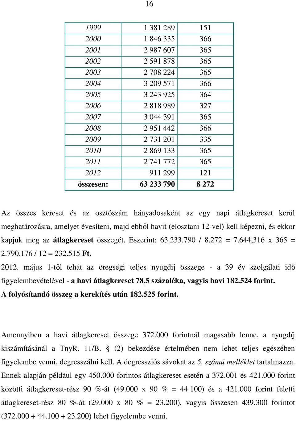 évesíteni, majd ebből havit (elosztani 12-vel) kell képezni, és ekkor kapjuk meg az átlagkereset összegét. Eszerint: 63.233.790 / 8.272 = 7.644,316 x 365 = 2.790.176 / 12 = 232.515 Ft. 2012.