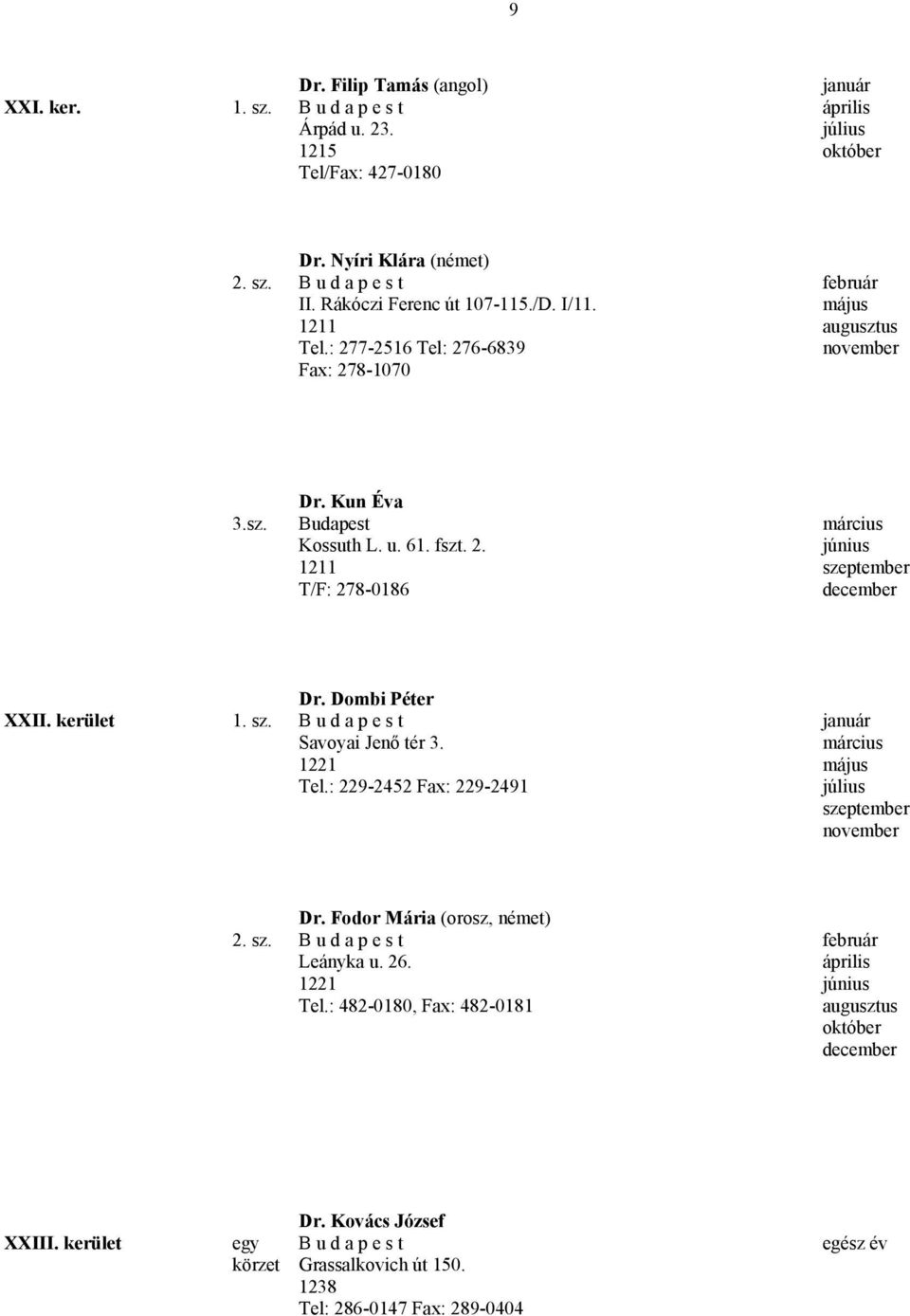 Dombi Péter XXII. kerület 1. sz. január Savoyai Jenő tér 3. 1221 Tel.: 229-2452 Fax: 229-2491 Dr. Fodor Mária (orosz, német) 2. sz. Leányka u.