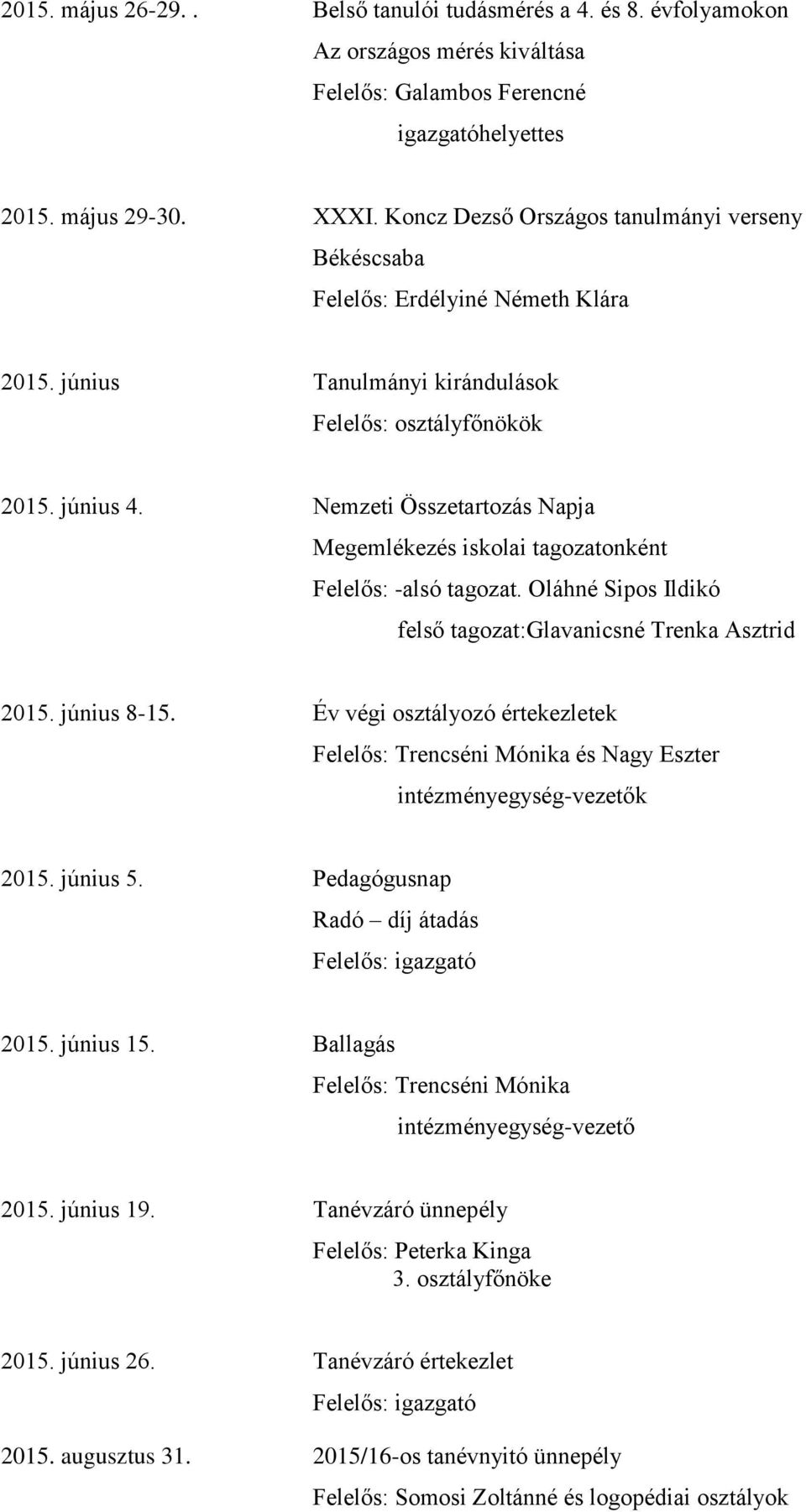 Nemzeti Összetartozás Napja Megemlékezés iskolai tagozatonként Felelős: -alsó tagozat. Oláhné Sipos Ildikó felső tagozat:glavanicsné Trenka Asztrid 2015. június 8-15.