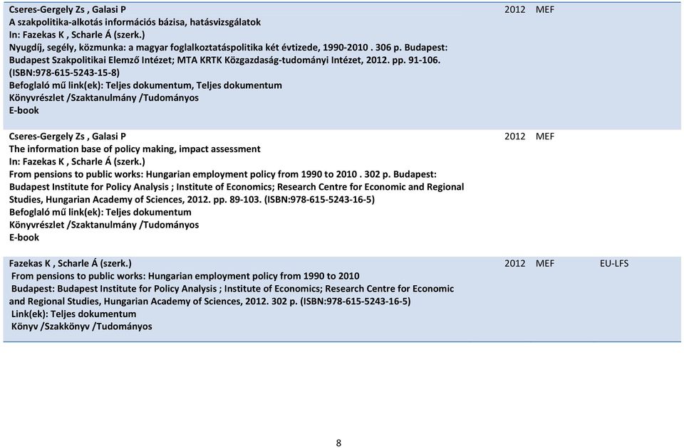 (ISBN:978 615 5243 15 8), Teljes dokumentum E book Cseres Gergely Zs, Galasi P The information base of policy making, impact assessment In: Fazekas K, Scharle Á (szerk.