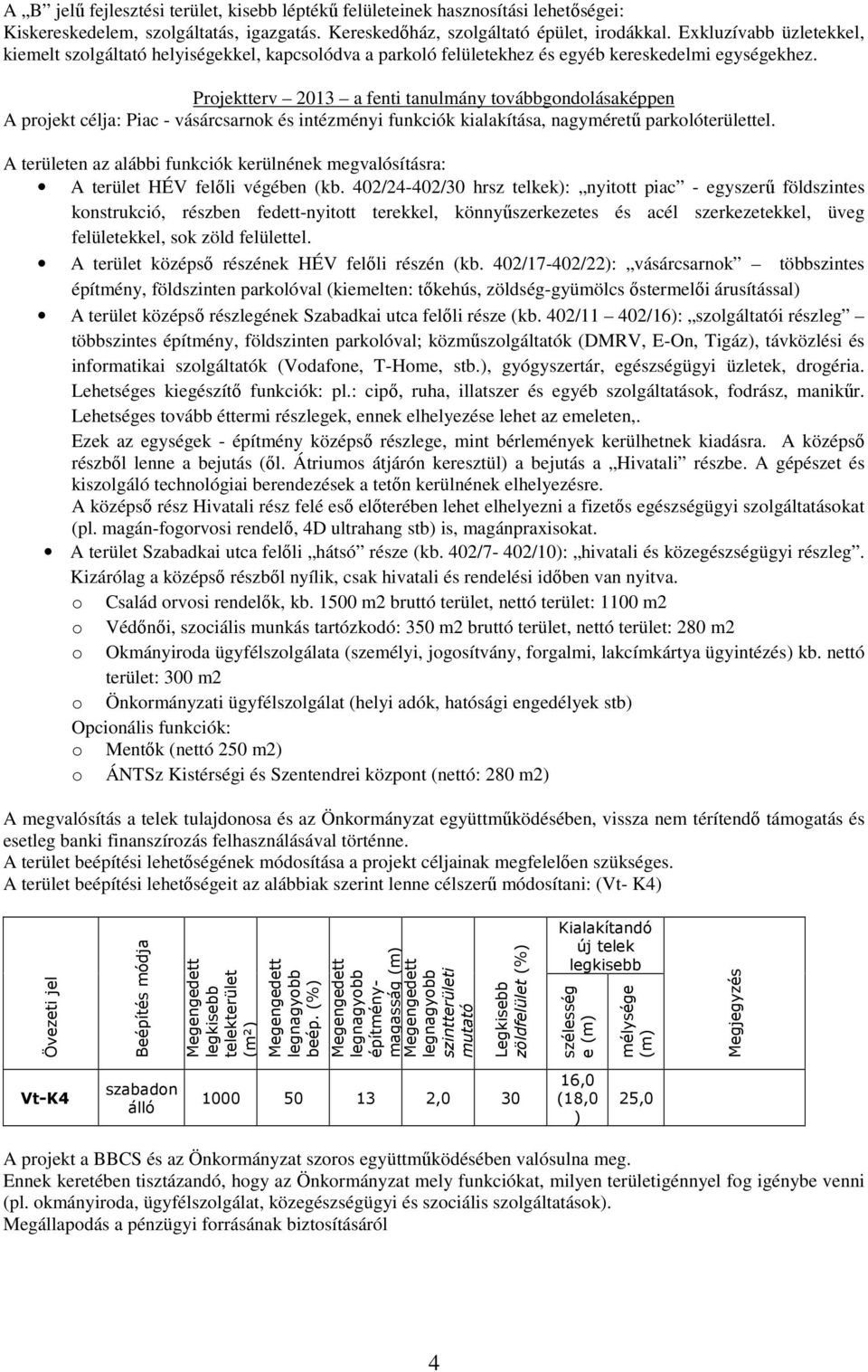 Projektterv 2013 a fenti tanulmány továbbgondolásaképpen A projekt célja: Piac - vásárcsarnok és intézményi funkciók kialakítása, nagyméretű parkolóterülettel.