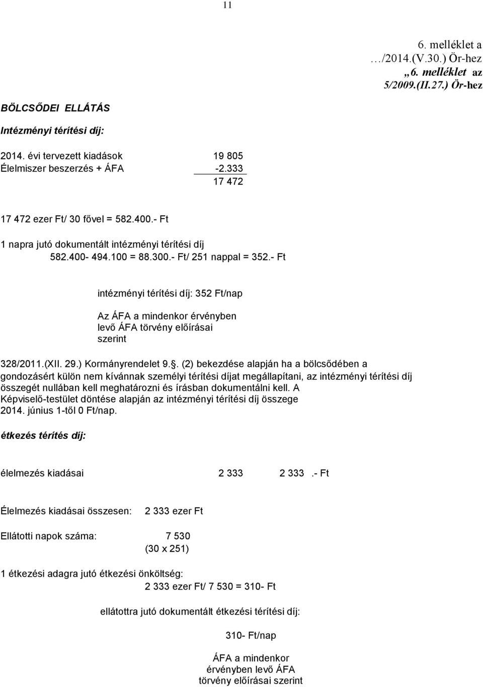 - Ft intézményi térítési díj: 352 Ft/nap Az ÁFA a mindenkor érvényben levő ÁFA törvény előírásai szerint 328/2011.(XII. 29.) Kormányrendelet 9.