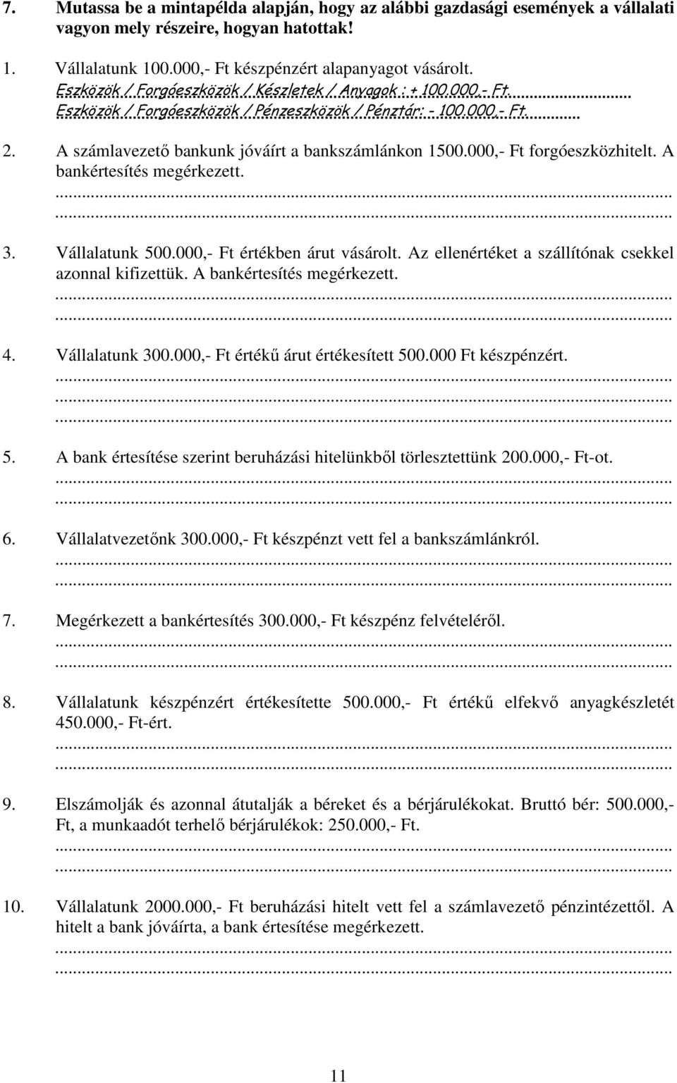 000,- Ft forgóeszközhitelt. A bankértesítés megérkezett. 3. Vállalatunk 500.000,- Ft értékben árut vásárolt. Az ellenértéket a szállítónak csekkel azonnal kifizettük. A bankértesítés megérkezett. 4.