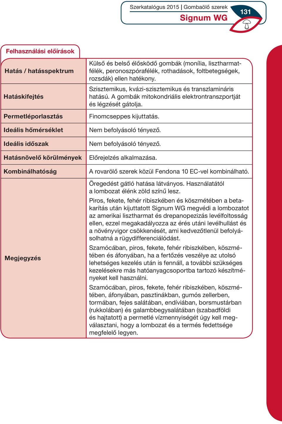 A gombák mitokondriális elektrontranszportját és légzését gátolja. Finomcseppes kijuttatás. Nem befolyásoló tényező. Nem befolyásoló tényező. Előrejelzés alkalmazása.