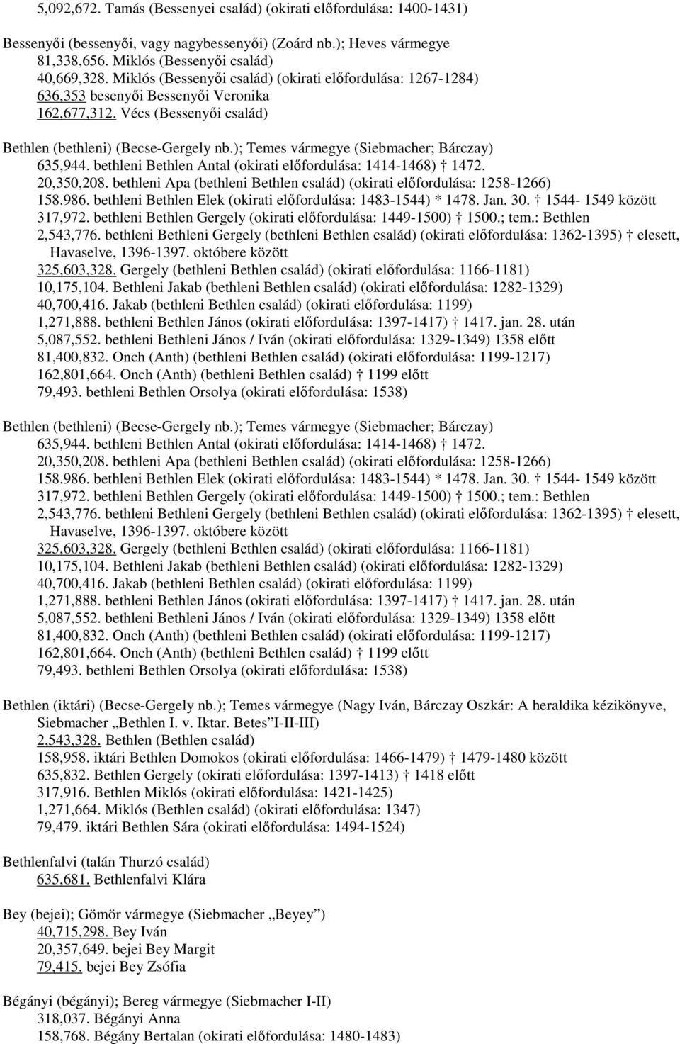 ); Temes vármegye (Siebmacher; Bárczay) 635,944. bethleni Bethlen Antal (okirati előfordulása: 1414-1468) 1472. 20,350,208.