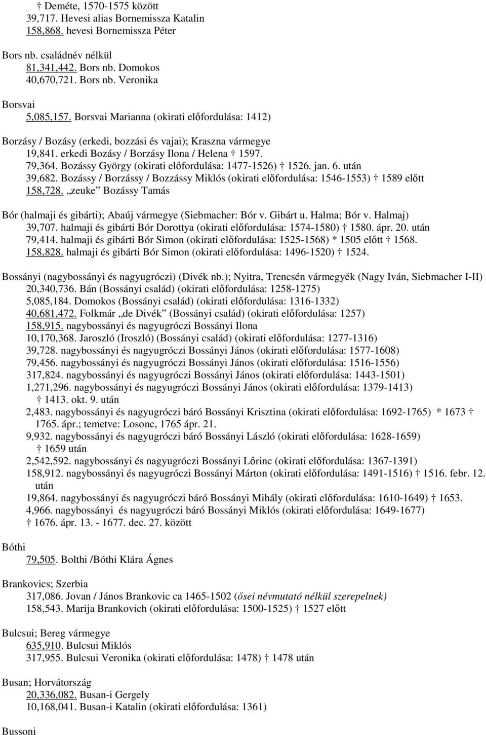 Bozássy György (okirati előfordulása: 1477-1526) 1526. jan. 6. után 39,682. Bozássy / Borzássy / Bozzássy Miklós (okirati előfordulása: 1546-1553) 1589 előtt 158,728.