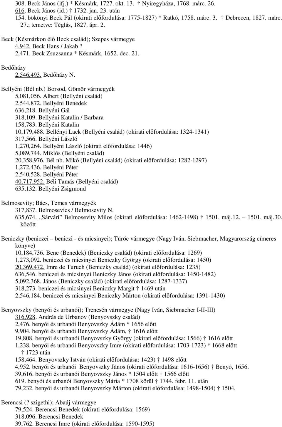 Bedőházy 2,546,493. Bedőházy N. Bellyéni (Bél nb.) Borsod, Gömör vármegyék 5,081,056. Albert (Bellyéni család) 2,544,872. Bellyéni Benedek 636,218. Bellyéni Gál 318,109.