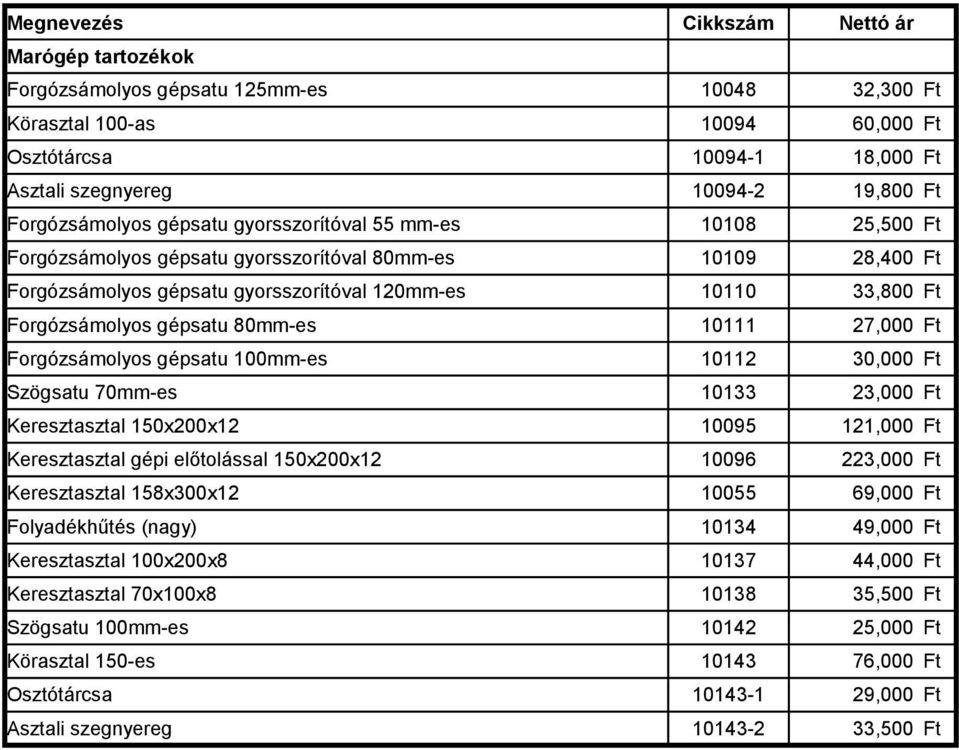 10111 27,000 Ft Forgózsámolyos gépsatu 100mm-es 10112 30,000 Ft Szögsatu 70mm-es 10133 23,000 Ft Keresztasztal 150x200x12 10095 121,000 Ft Keresztasztal gépi előtolással 150x200x12 10096 223,000 Ft