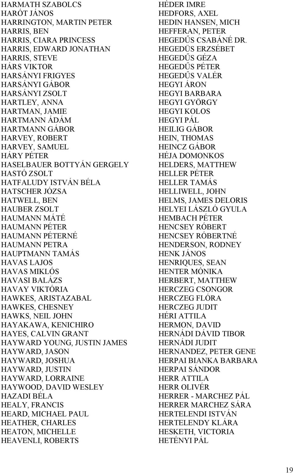 HAUMANN PÉTER HAUMANN PÉTERNÉ HAUMANN PETRA HAUPTMANN TAMÁS HAVAS LAJOS HAVAS MIKLÓS HAVASI BALÁZS HAVAY VIKTÓRIA HAWKES, ARISTAZABAL HAWKES, CHESNEY HAWKS, NEIL JOHN HAYAKAWA, KENICHIRO HAYES,