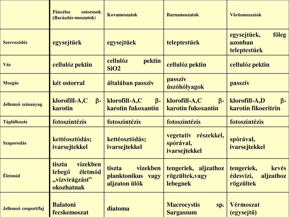 - karotin fukoxantin klorofill-a,d - karotin fikoeritrin Táplálkozás fotoszintézis fotoszintézis fotoszintézis fotoszintézis Szaporodás kettéosztódás; ivarsejtekkel kettéosztódás; ivarsejtekkel