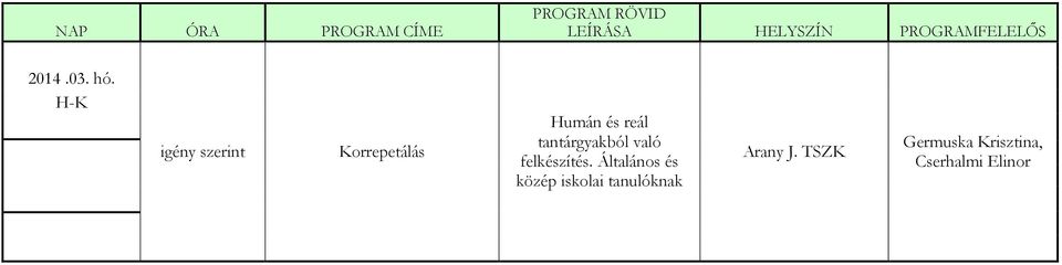 H-K igény szerint Korrepetálás Humán és reál tantárgyakból