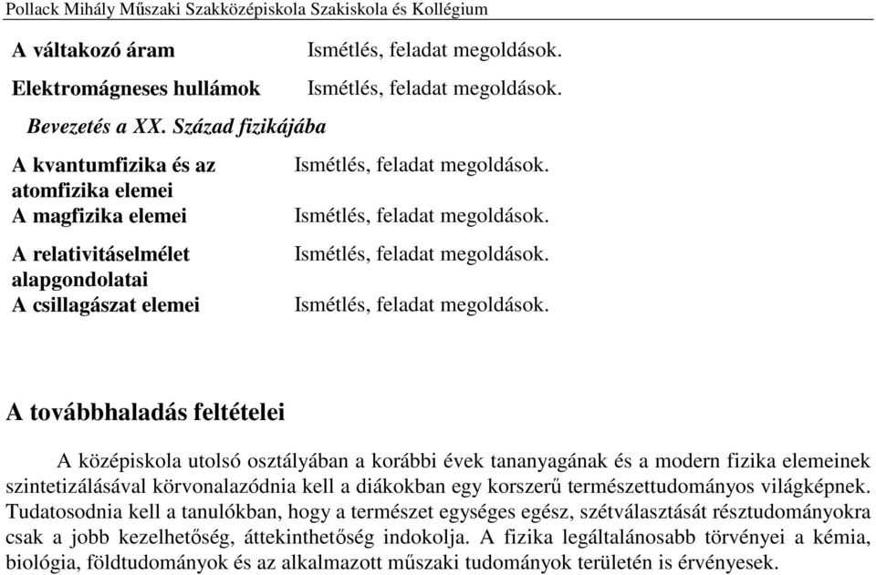 középiskola utolsó osztályában a korábbi évek tananyagának és a modern fizika elemeinek szintetizálásával körvonalazódnia kell a diákokban egy korszerű természettudományos