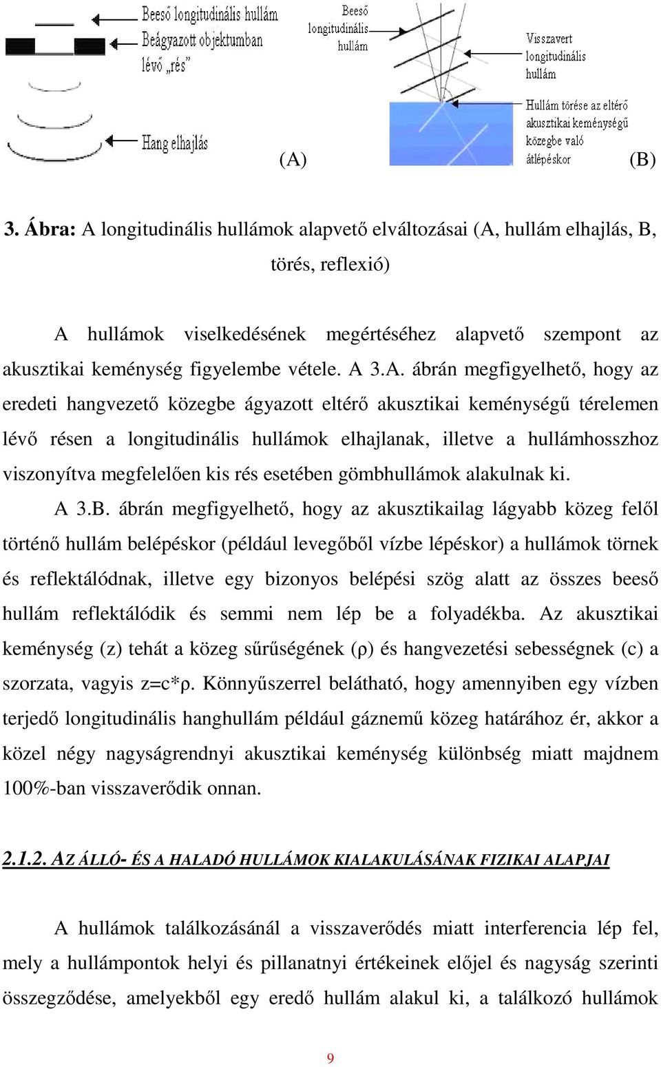 A. ábrán megfigyelhetı, hogy az eredeti hangvezetı közegbe ágyazott eltérı akusztikai keménységő térelemen lévı résen a longitudinális hullámok elhajlanak, illetve a hullámhosszhoz viszonyítva