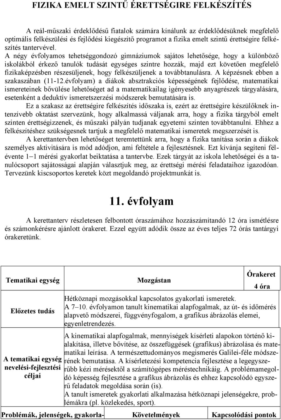 A négy évfolyamos tehetséggondozó gimnáziumok sajátos lehetősége, hogy a különböző iskolákból érkező tanulók tudását egységes szintre hozzák, majd ezt követően megfelelő fizikaképzésben