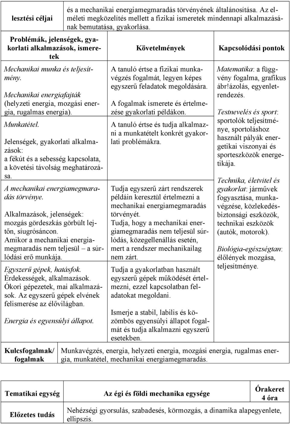 Alkalmazások, jelenségek: mozgás gördeszkás görbült lejtőn, síugrósáncon. Amikor a mechanikai energiamegmaradás nem teljesül a súrlódási erő munkája. Egyszerű gépek, hatásfok.