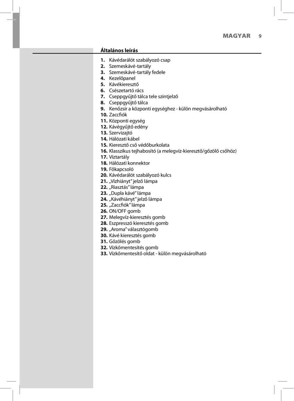 Klasszikus tejhabosító (a melegvíz-kieresztő/gőzölő csőhöz) 17. Víztartály 18. Hálózati konnektor 19. Főkapcsoló 20. Kávédarálót szabályozó kulcs 21. Vízhiányt jelző lámpa 22. Riasztás lámpa 23.