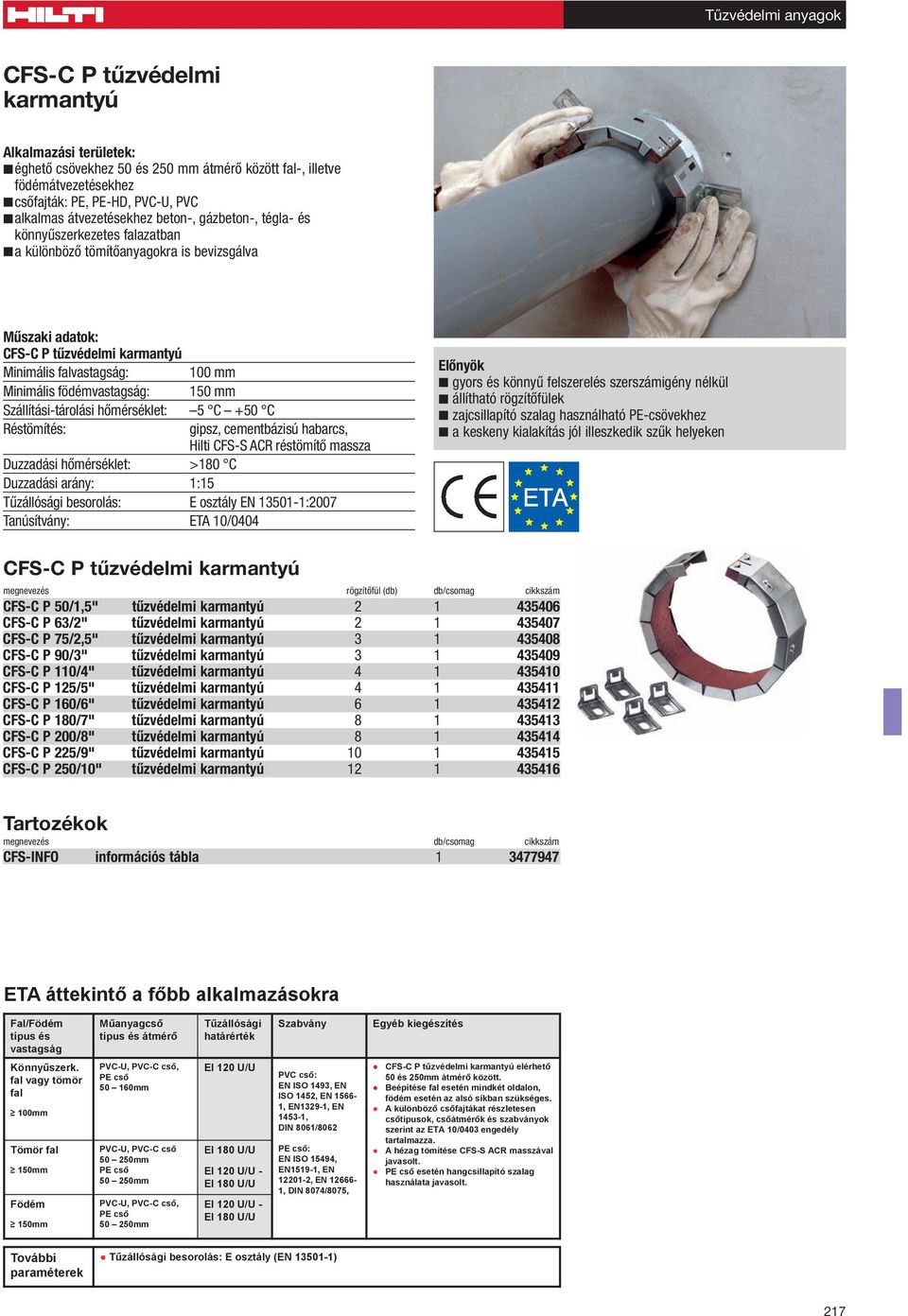 habarcs, Hilti CFS-S ACR réstömítô massza Duzzadási hômérséklet: >180 C Duzzadási arány: 1:15 Tûzállósági besorolás: E osztály EN 13501-1:2007 Tanúsítvány: ETA 10/0404 gyors és könnyû felszerelés