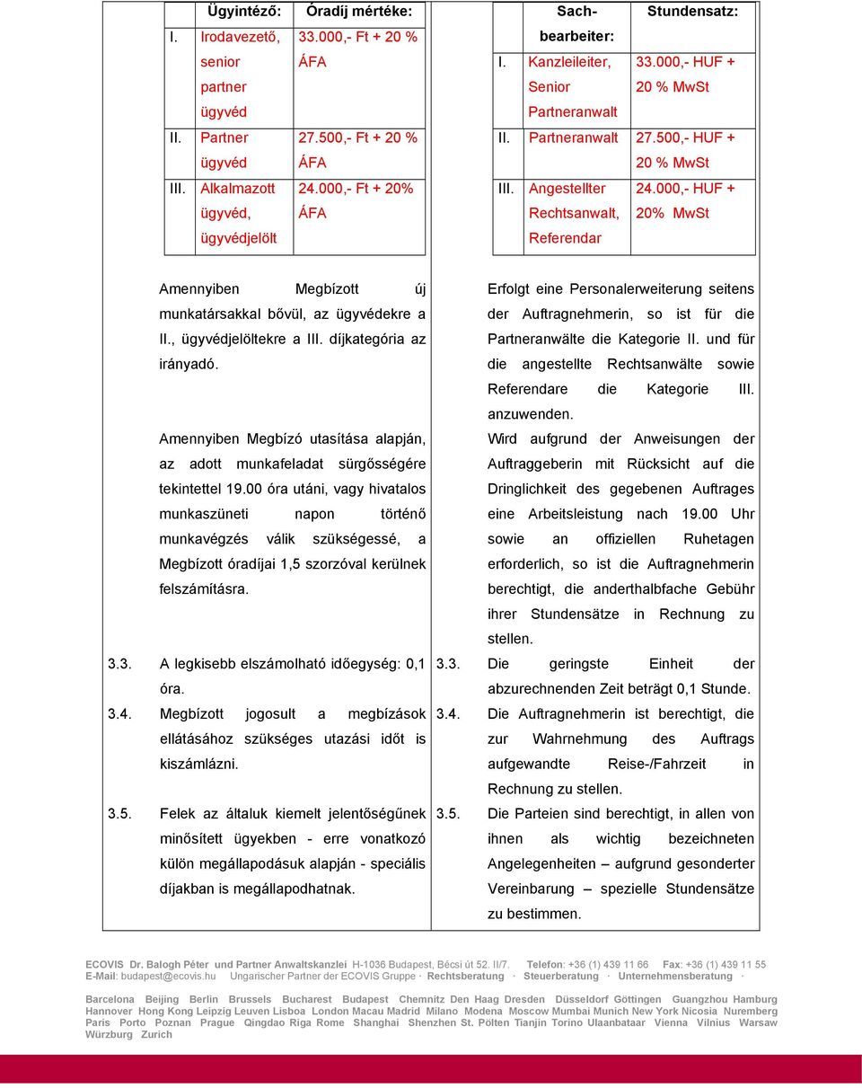 000,- HUF + 20% MwSt Referendar Amennyiben Megbízott új munkatársakkal bővül, az ügyvédekre a II., ügyvédjelöltekre a III. díjkategória az irányadó.